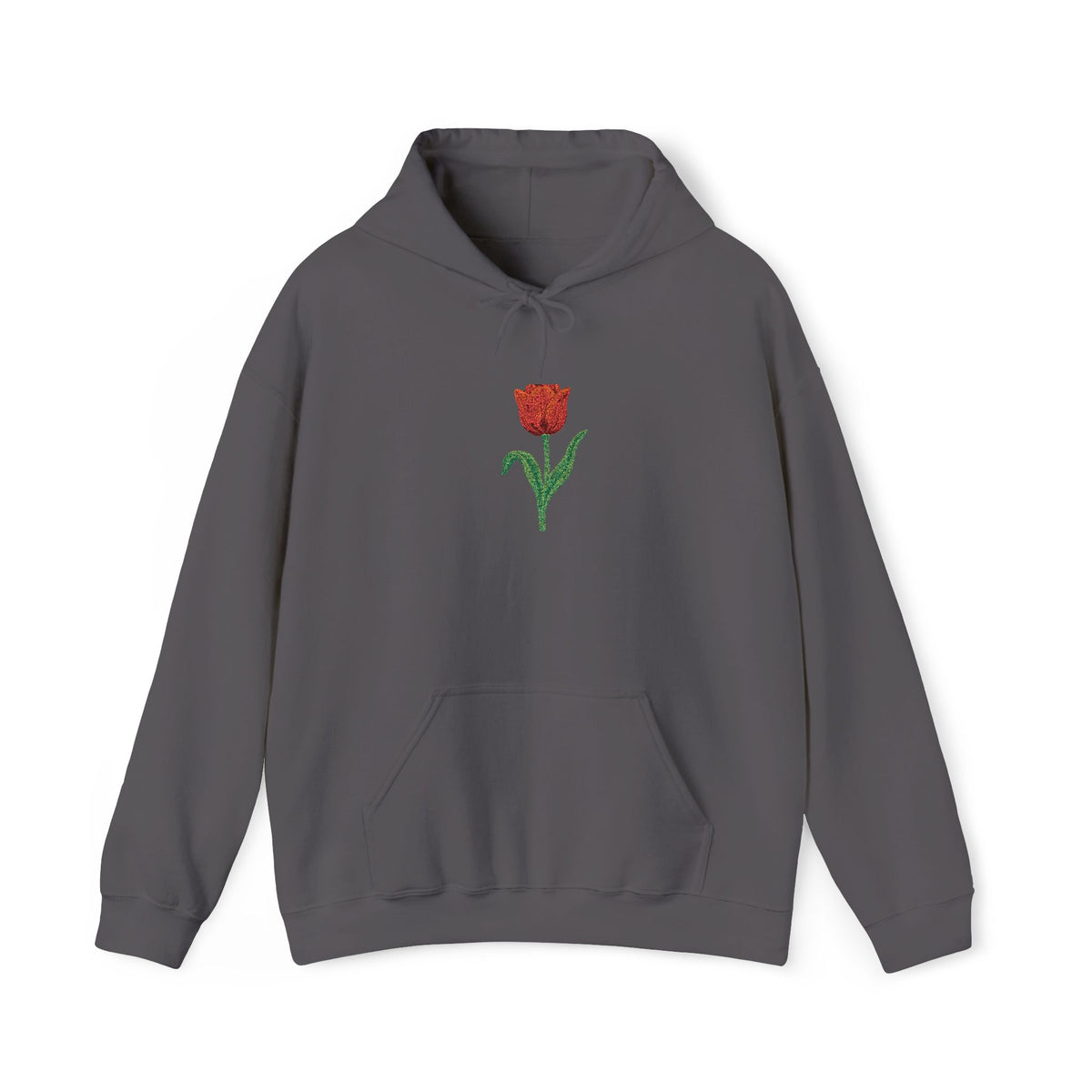 Red hoodie with embroidered red tulip floral design on the front, featuring a casual fit and soft fabric from Printify.
