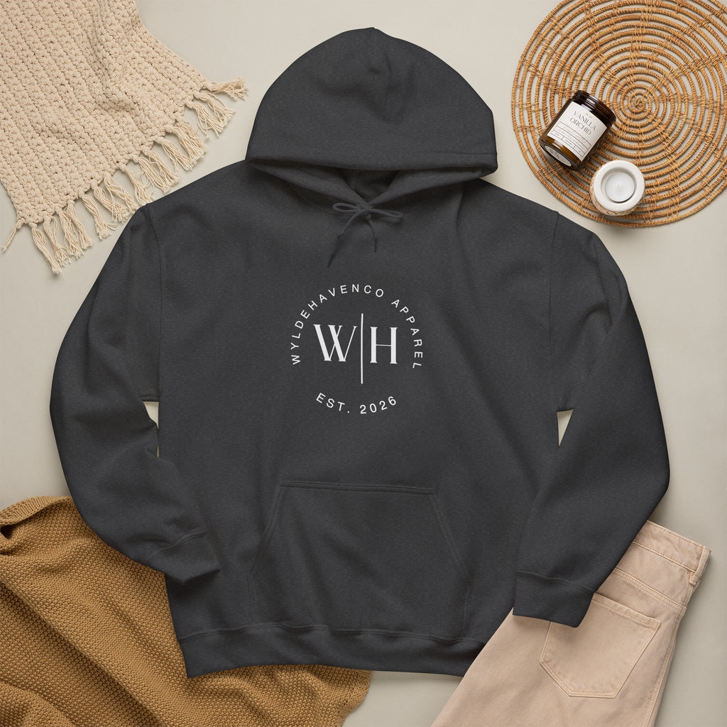 WyldeHaven Apparel Monogram Circle hoodie with logo, featuring a cozy sweatshirt with stylish design and branding.
