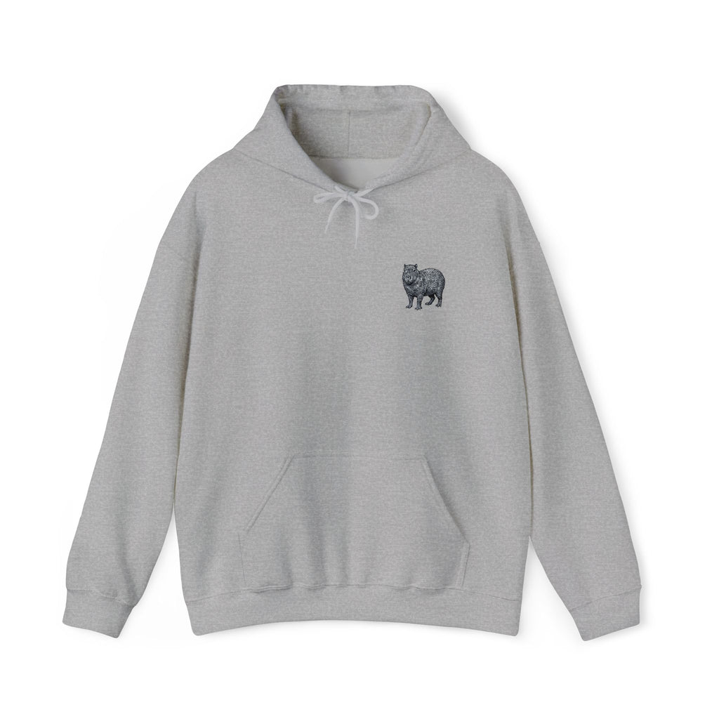 Capybara embroidered hoodie from Wyldelife Collection featuring detailed wildlife design, made by Printify, in soft fabric with a cozy fit.