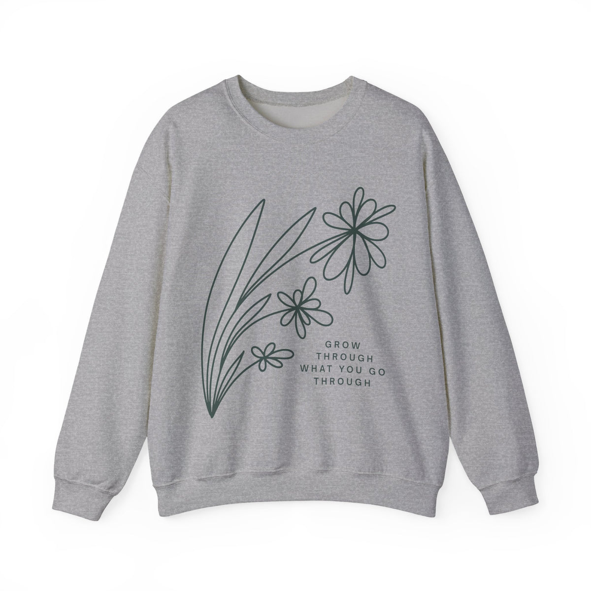 Printify crewneck sweatshirt with floral design and inspirational "Grow Through What You Go Through" quote, cozy and stylish.
