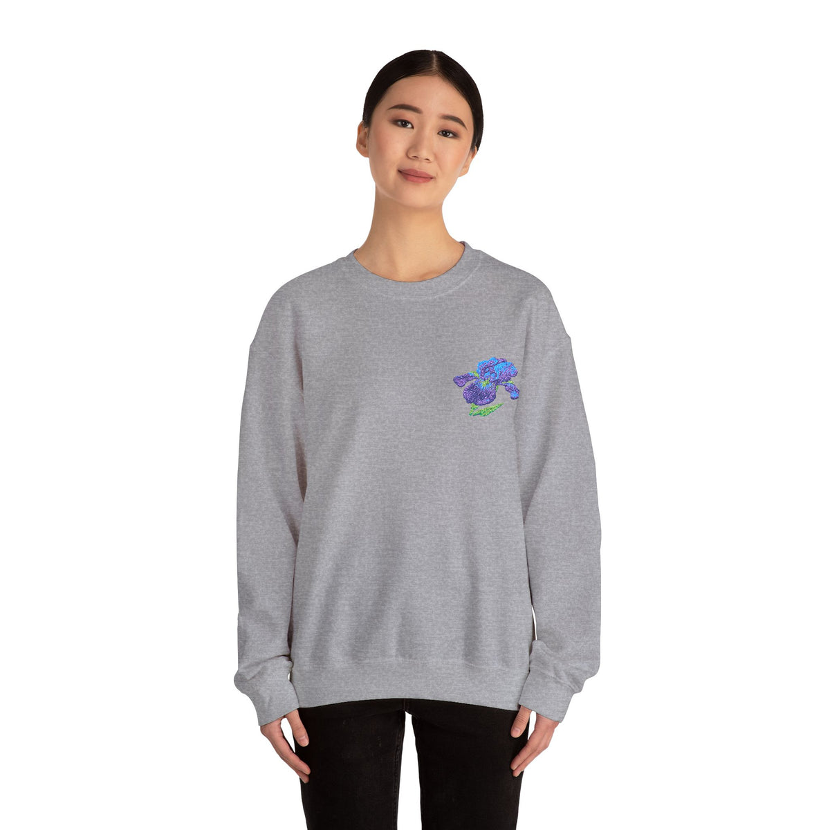 Unisex embroidered Iris sweatshirt with floral design on the left chest, featuring colorful floral embroidery on a comfortable sweatshirt.