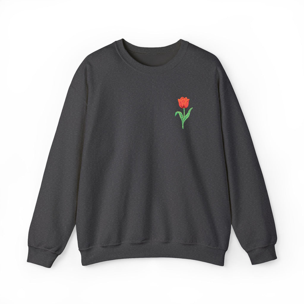 Unisex embroidered tulip sweatshirt with floral design on the left chest, featuring colorful flower embroidery on a cozy jumper.