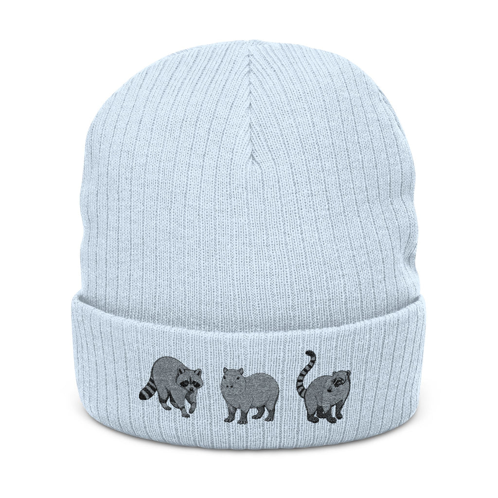 Black ribbed knit beanie with embroidered Wyldelife animal trio design, cozy winter hat for animal lovers by Printify