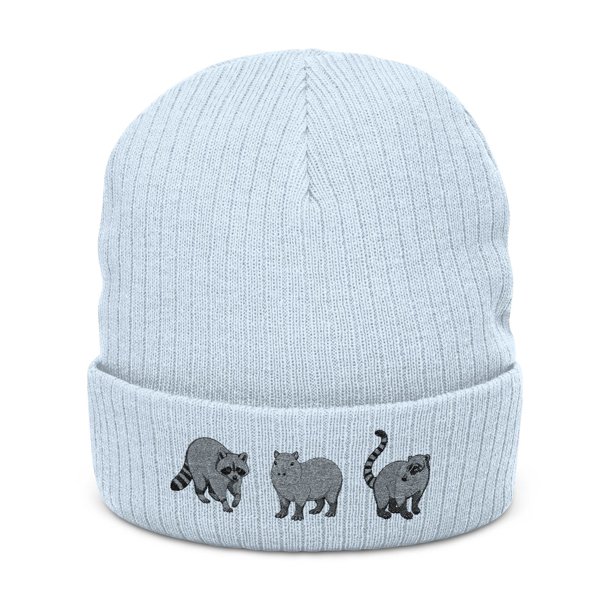 Black ribbed knit beanie with embroidered Wyldelife animal trio design, cozy winter hat for animal lovers by Printify