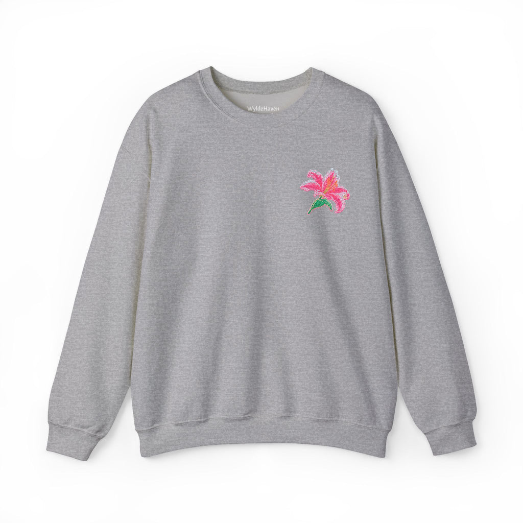 Unisex embroidered Lily sweatshirt by Printify with floral design on the left chest, casual jumper in soft fabric.