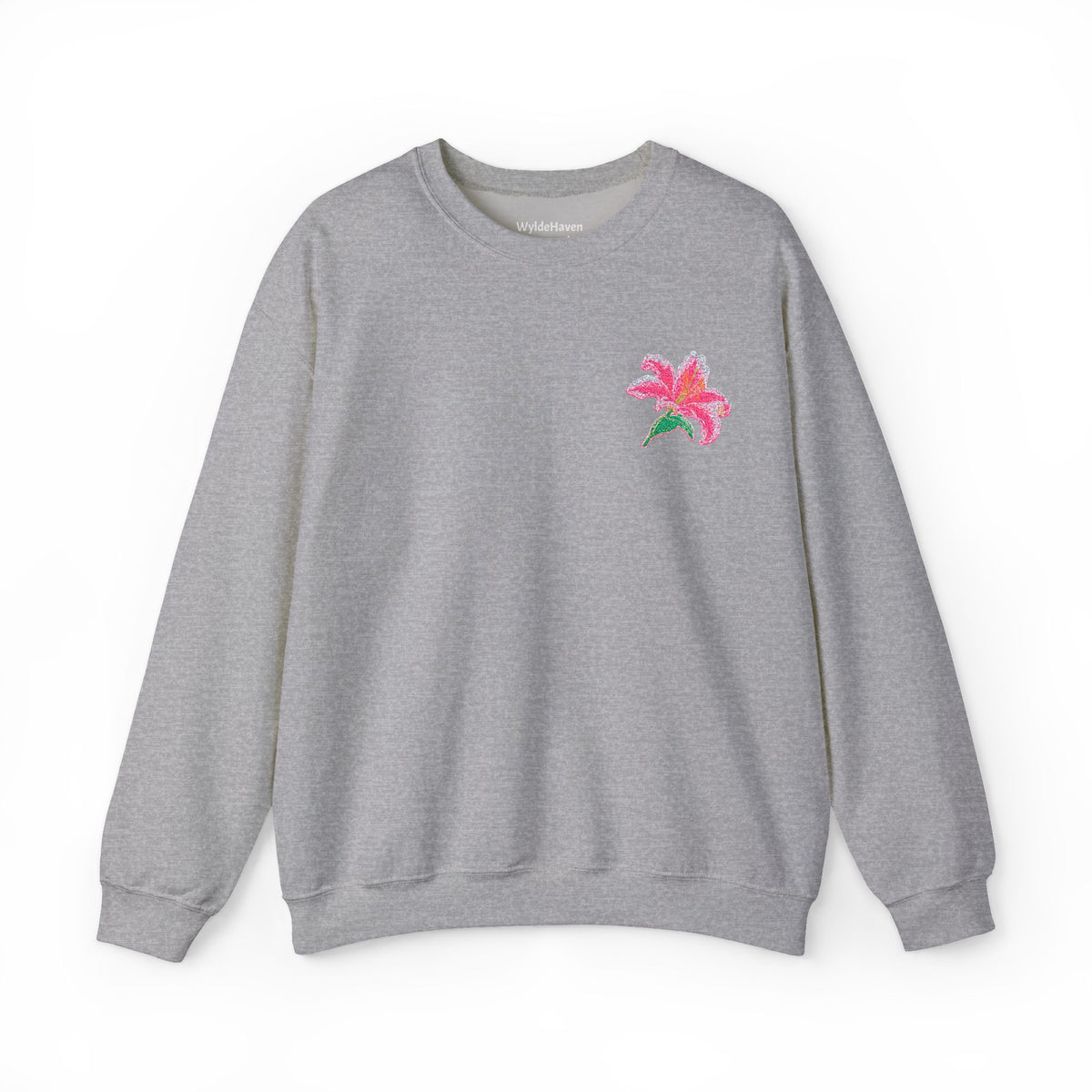 Unisex embroidered Lily sweatshirt by Printify with floral design on the left chest, casual jumper in soft fabric.