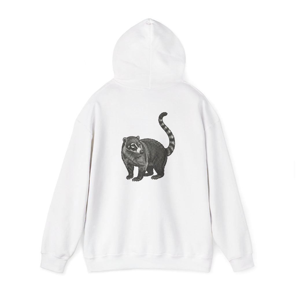Coati graphic hoodie by Printify featuring a large wildlife coati back print, part of the Wyldelife Collection.