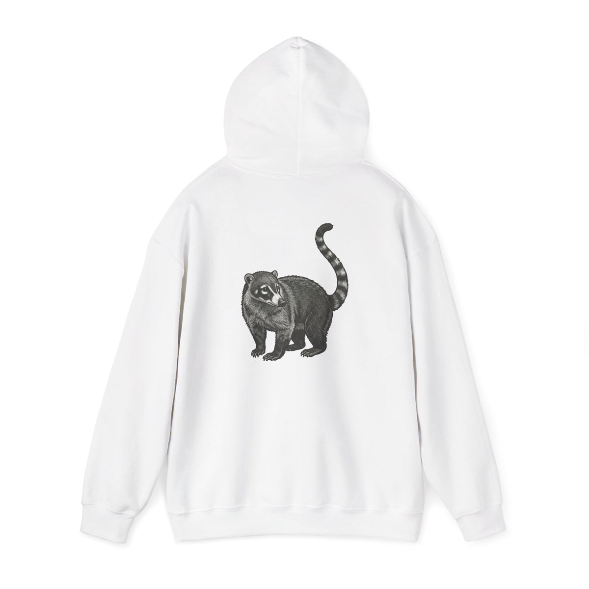 Coati graphic hoodie by Printify featuring a large wildlife coati back print, part of the Wyldelife Collection.