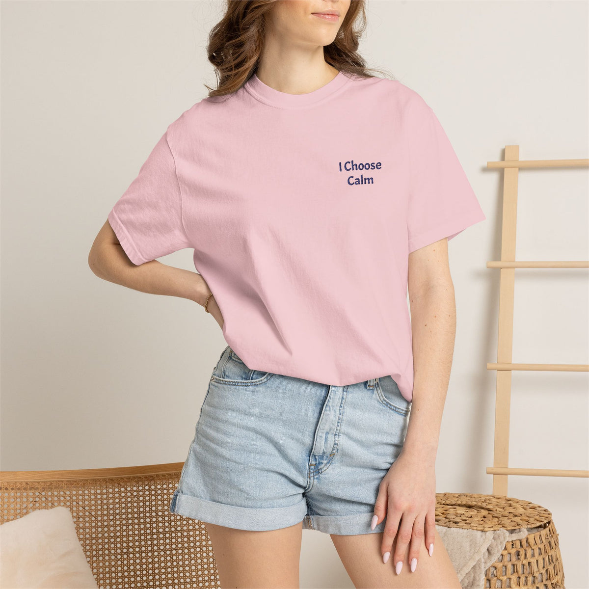 White I Choose Calm T-Shirt by Printify featuring minimalist relaxation design on the front, casual fit, and soft fabric.