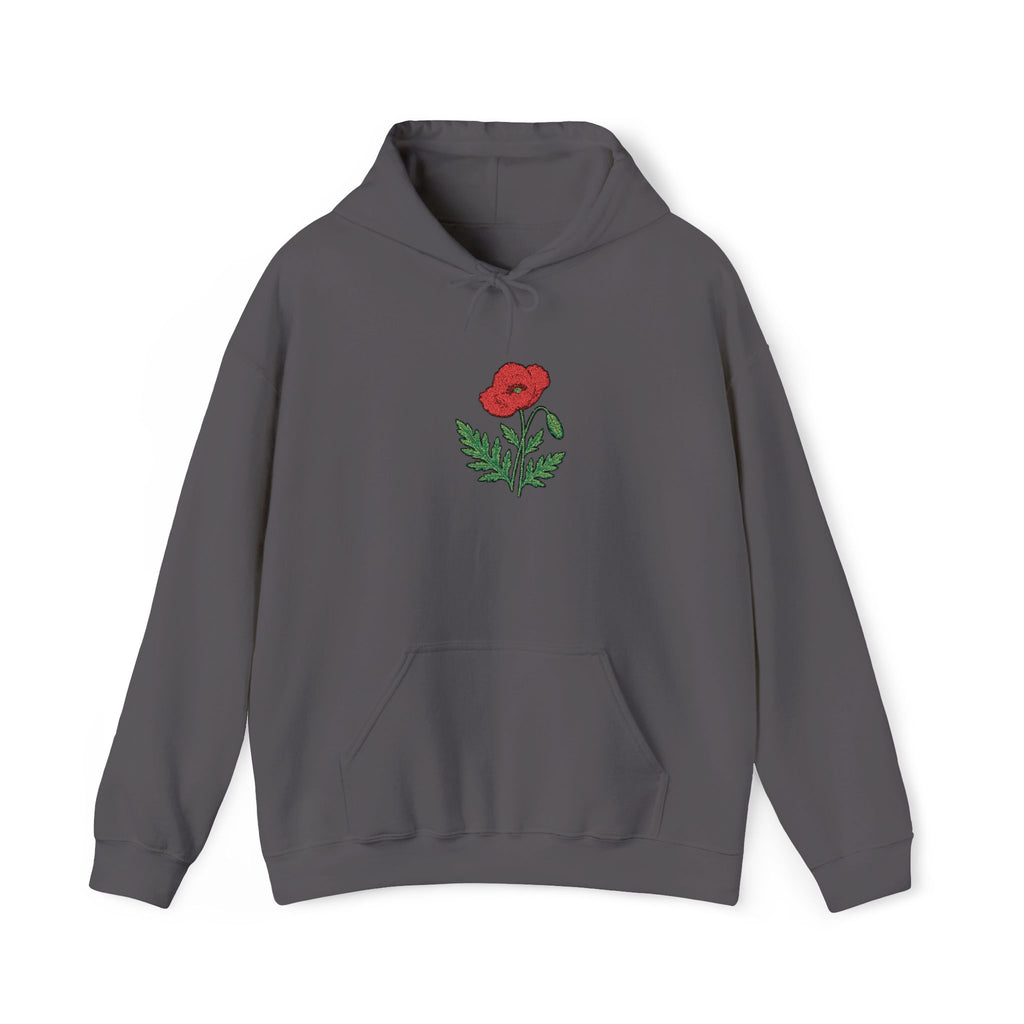 Red hoodie with embroidered red poppy floral design on the front, featuring a comfortable casual fit by Printify.
