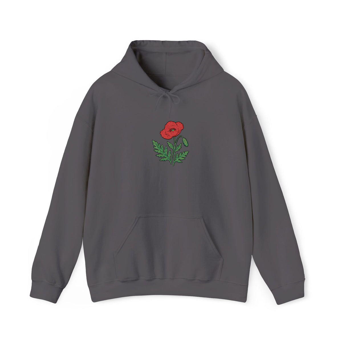 Red hoodie with embroidered red poppy floral design on the front, featuring a comfortable casual fit by Printify.