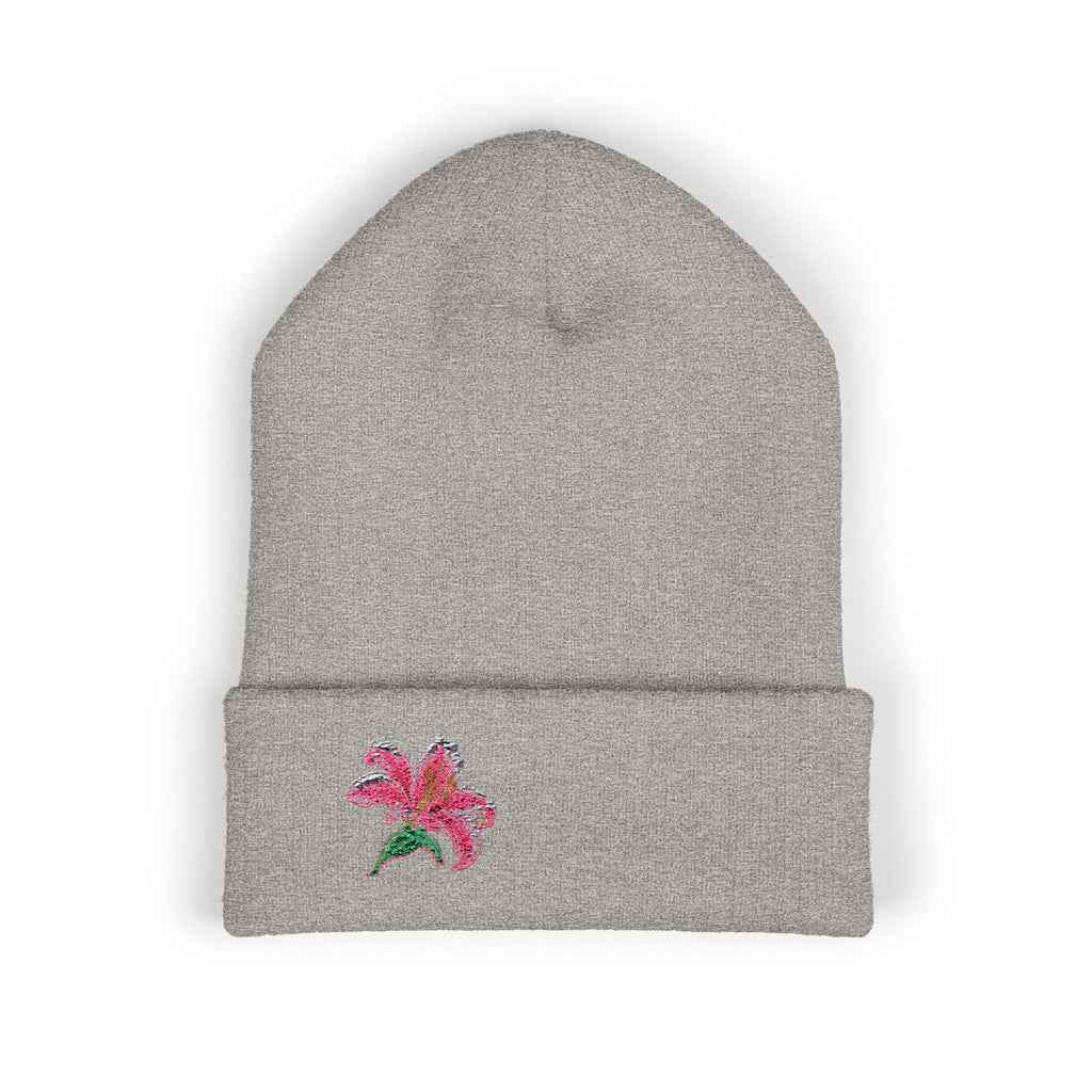 Pink Lily embroidered beanie hat with floral embroidery, soft knit cuff, perfect for winter, by WyldeHaven Apparel.