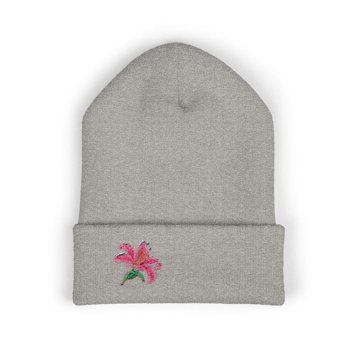 Pink Lily embroidered beanie hat with floral embroidery, soft knit cuff, perfect for winter, by WyldeHaven Apparel.