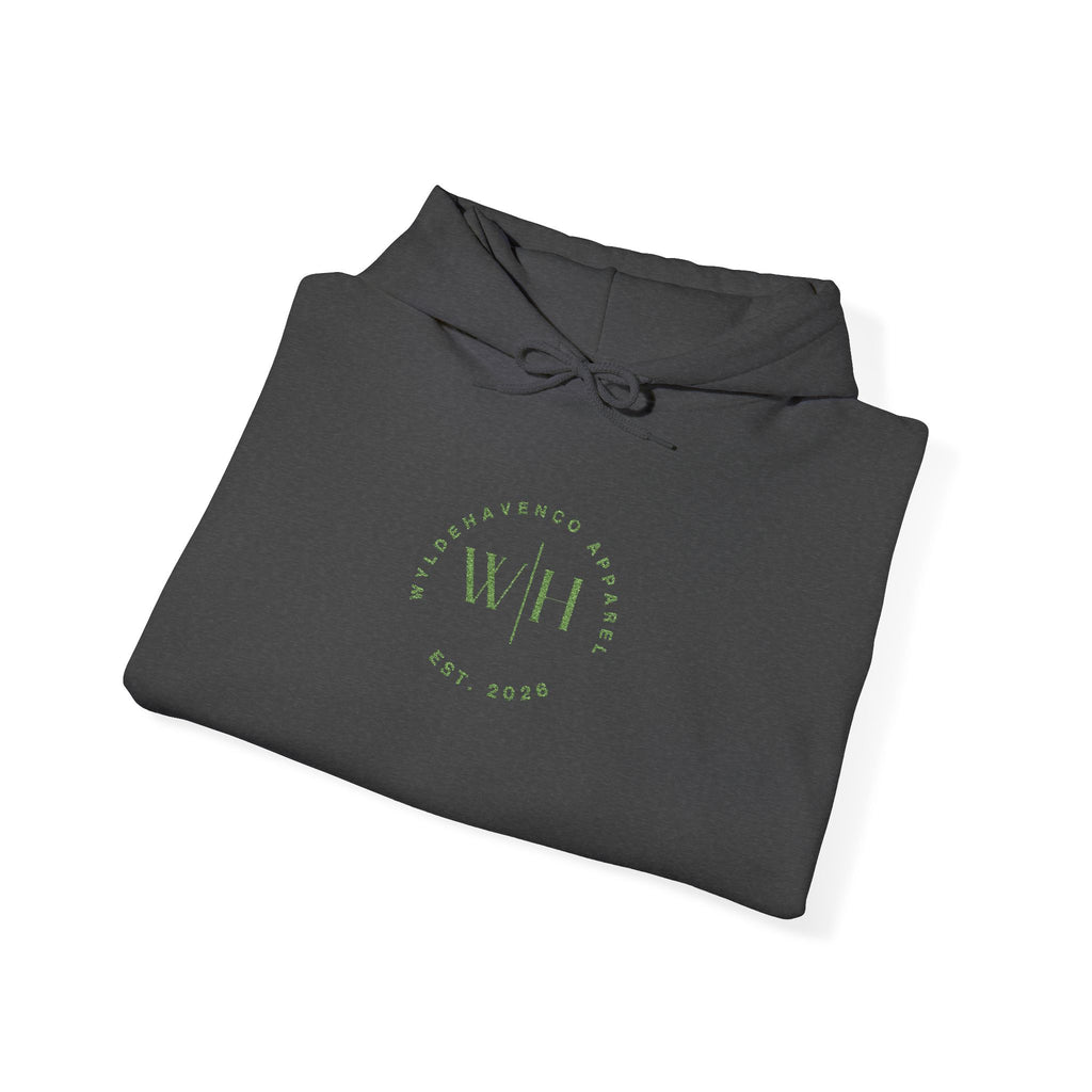 Green WyldeHaven hoodie with embroidered logo, featuring a soft fabric and casual fit from Printify.