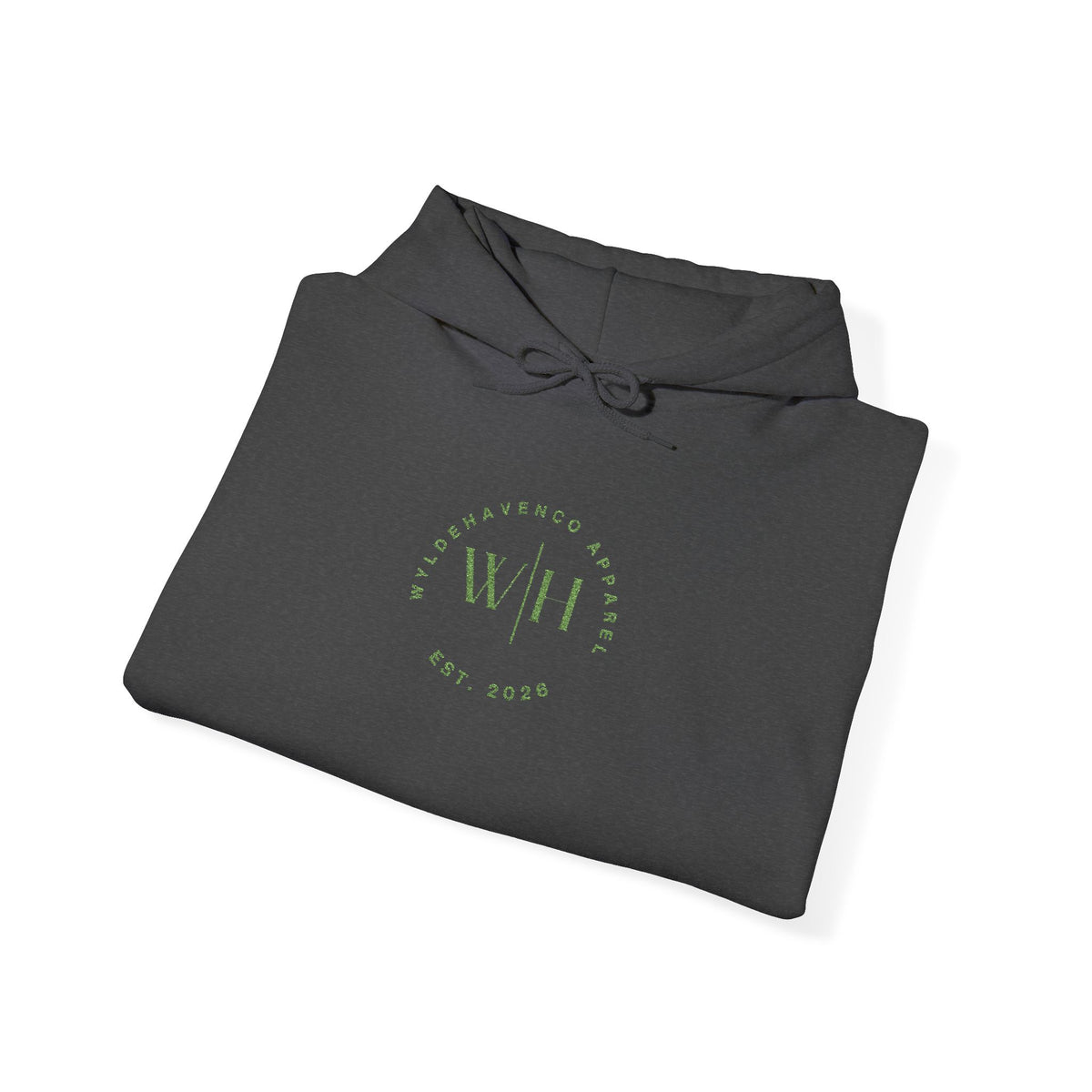 Green WyldeHaven hoodie with embroidered logo, featuring a soft fabric and casual fit from Printify.