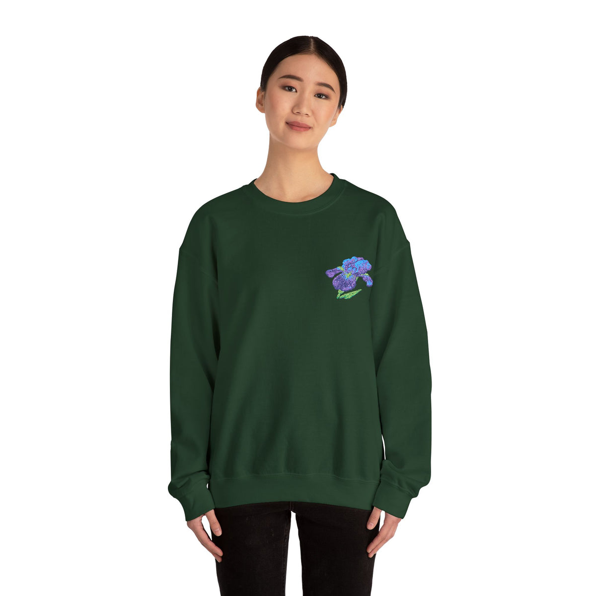 Unisex embroidered iris sweatshirt with floral design on the left chest, featuring a comfortable fit and detailed floral embroidery.
