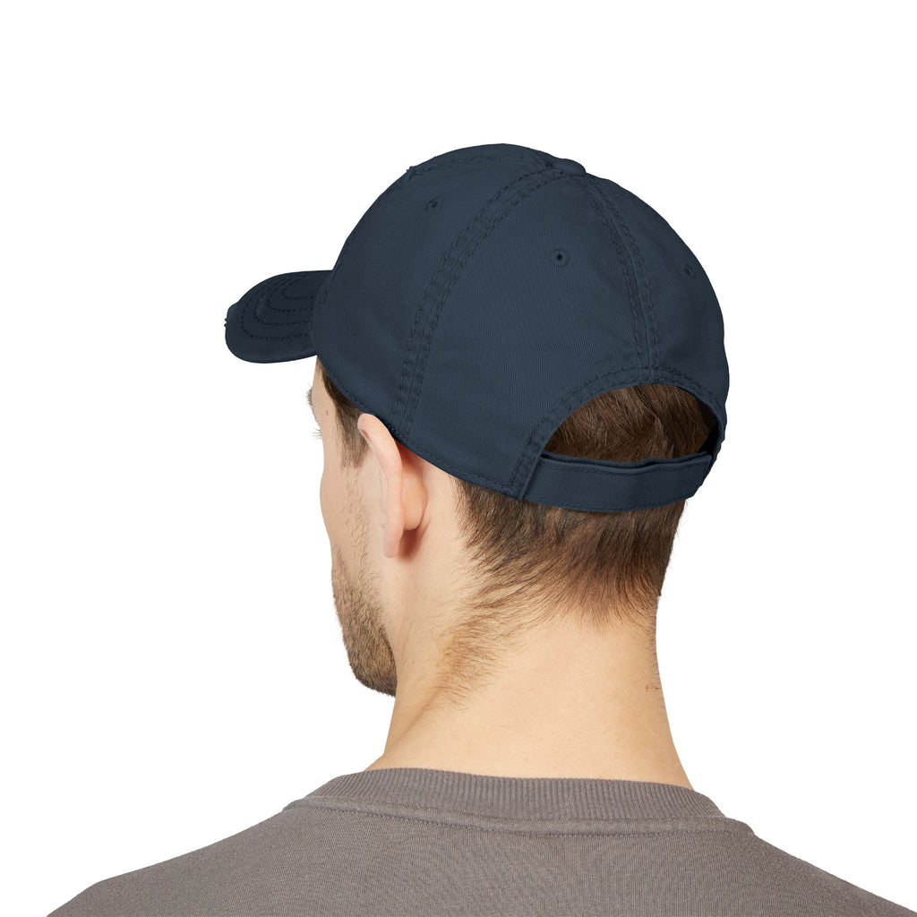 Distressed embroidered dad hat featuring vintage washed baseball cap style, made by Printify, with visible embroidered design.