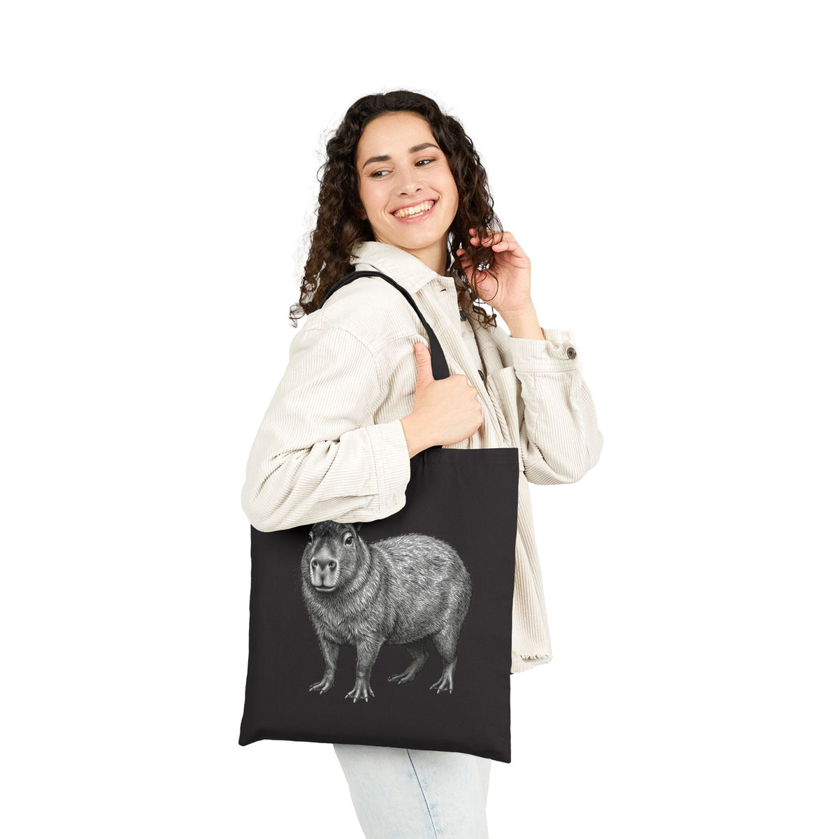 Capybara tote bag with detailed wildlife illustration from Wyldelife Collection, featuring a realistic capybara design on a canvas bag.