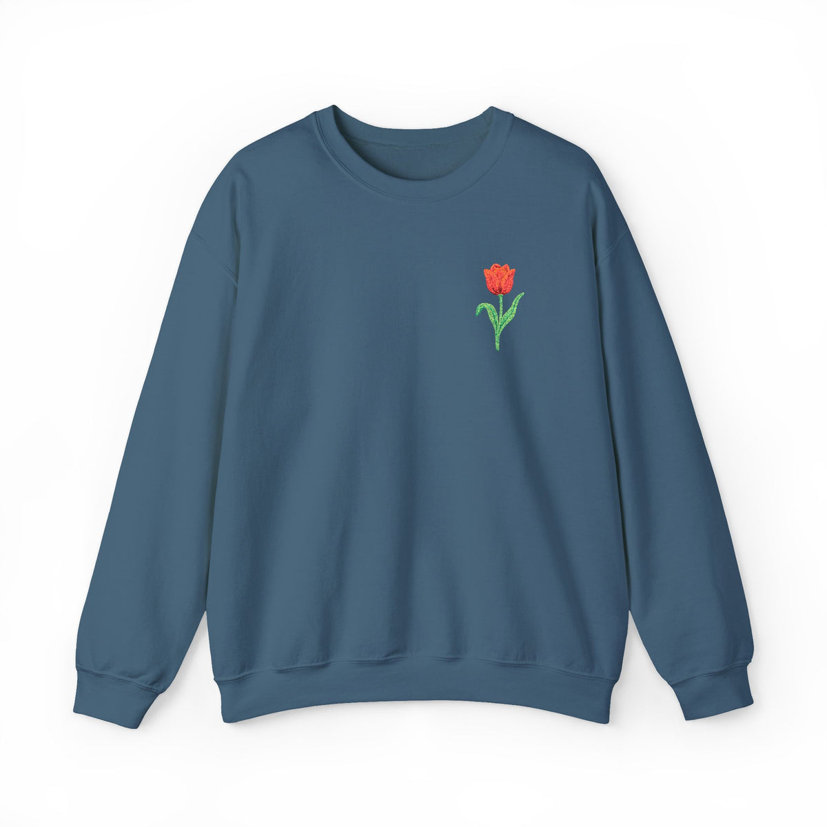 Unisex embroidered tulip sweatshirt with floral design on the left chest, made by Printify, casual and comfortable jumper.