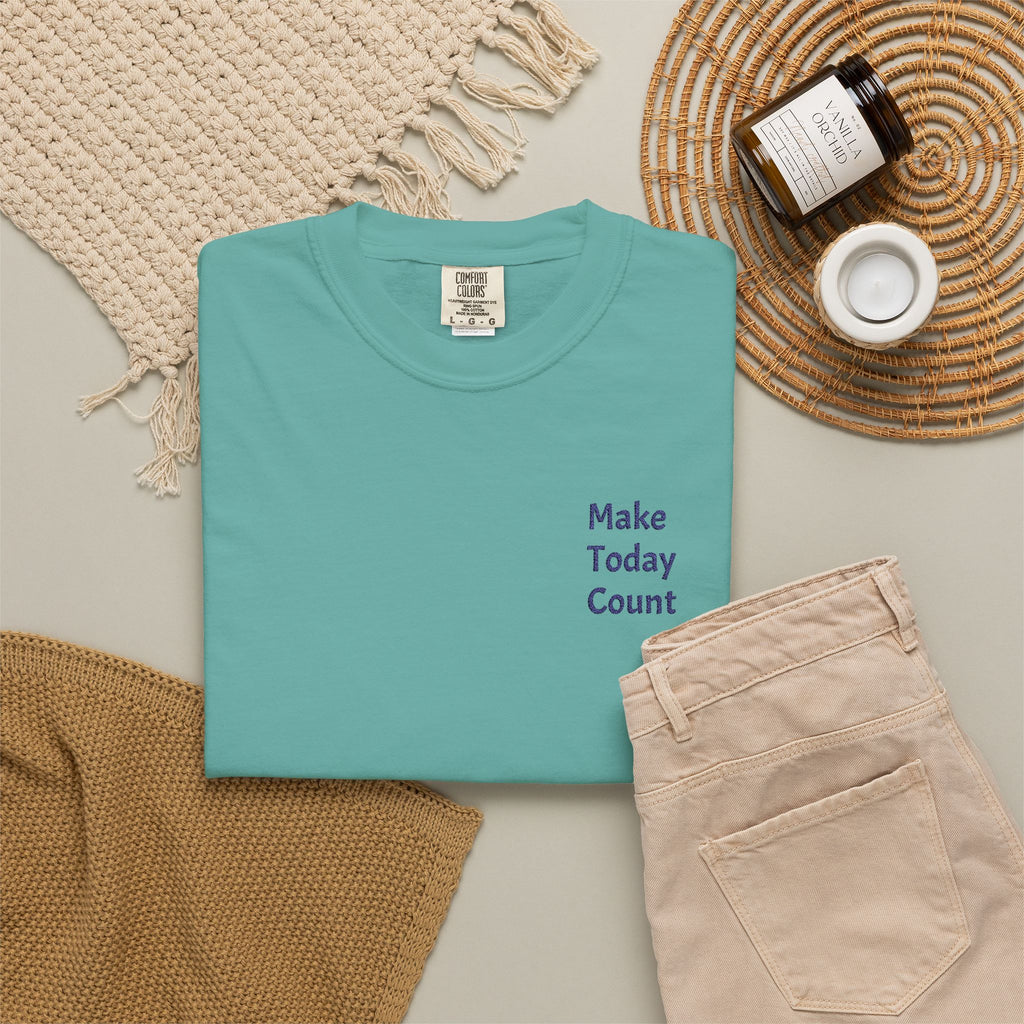 Minimalistic Make Today Count T-Shirt by Printify featuring inspirational quote and pocket design on soft fabric.