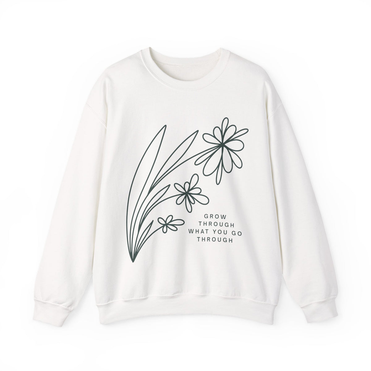 Light gray crewneck sweatshirt with floral design and inspirational text "Grow Through What You Go Through" by Printify.