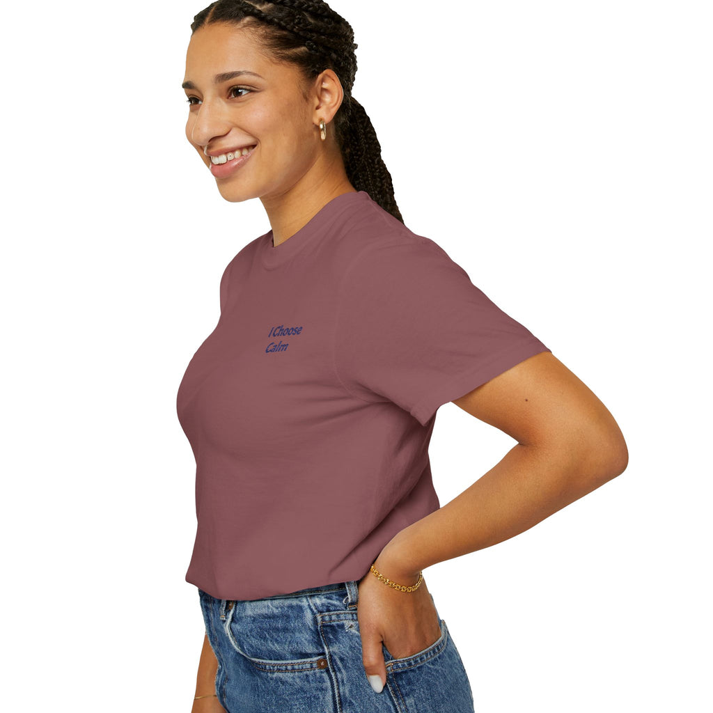 Light gray I Choose Calm T-Shirt by Printify featuring minimalist relaxation design on soft cotton fabric.
