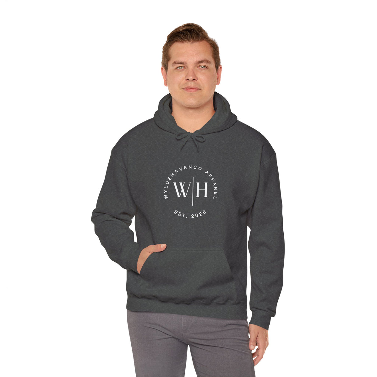Gray Monogram Circle hoodie by WyldeHaven Apparel featuring a circular logo design on the front, made by Printify.