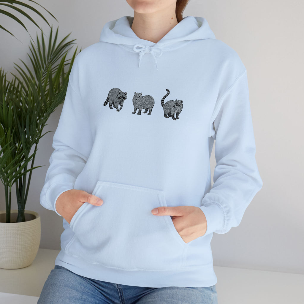 Wyldelife Trio embroidered hoodie by Printify featuring raccoon, capybara, and coati animal designs on a cozy hoodie.
