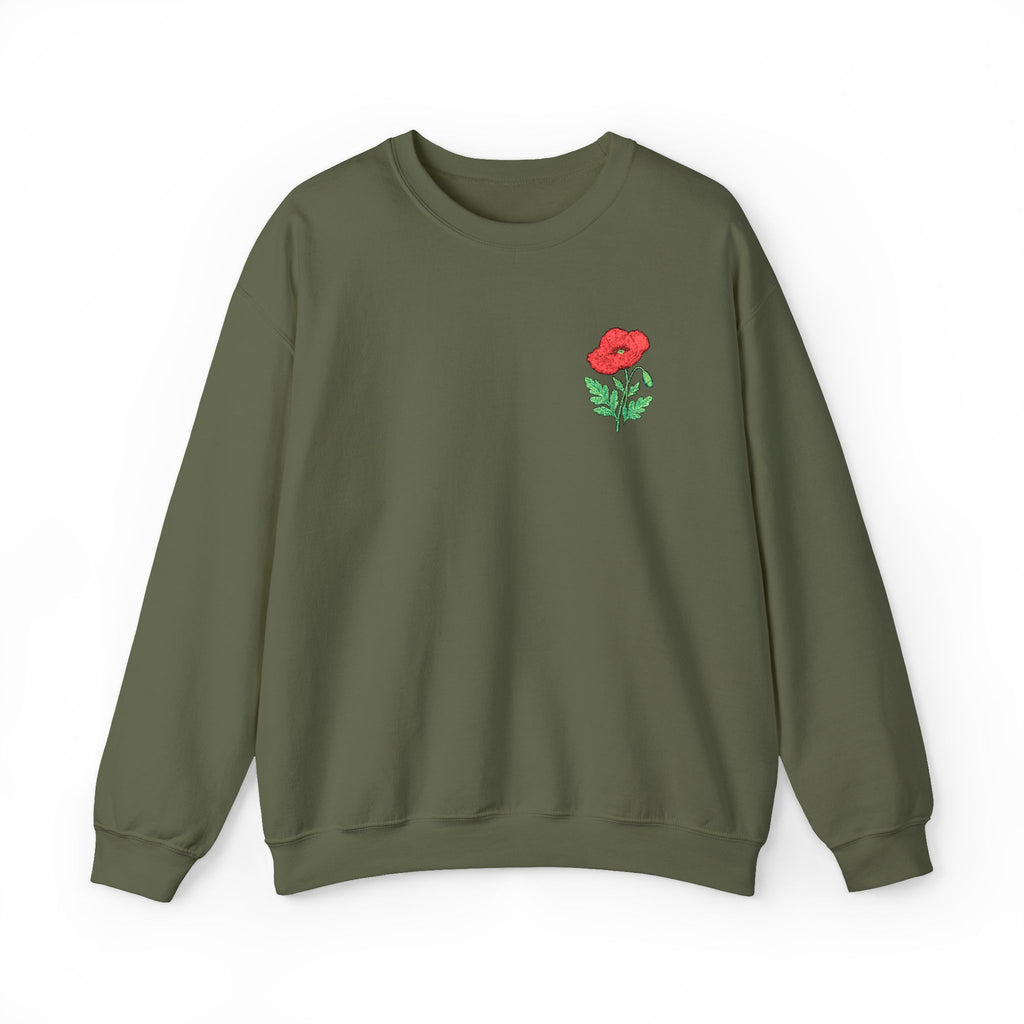 Unisex embroidered sweatshirt with floral poppy design on the left chest, made by Printify, featuring a cozy, casual style.