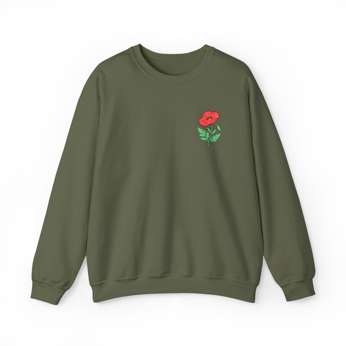 Unisex embroidered sweatshirt with floral poppy design on the left chest, made by Printify, featuring a cozy, casual style.