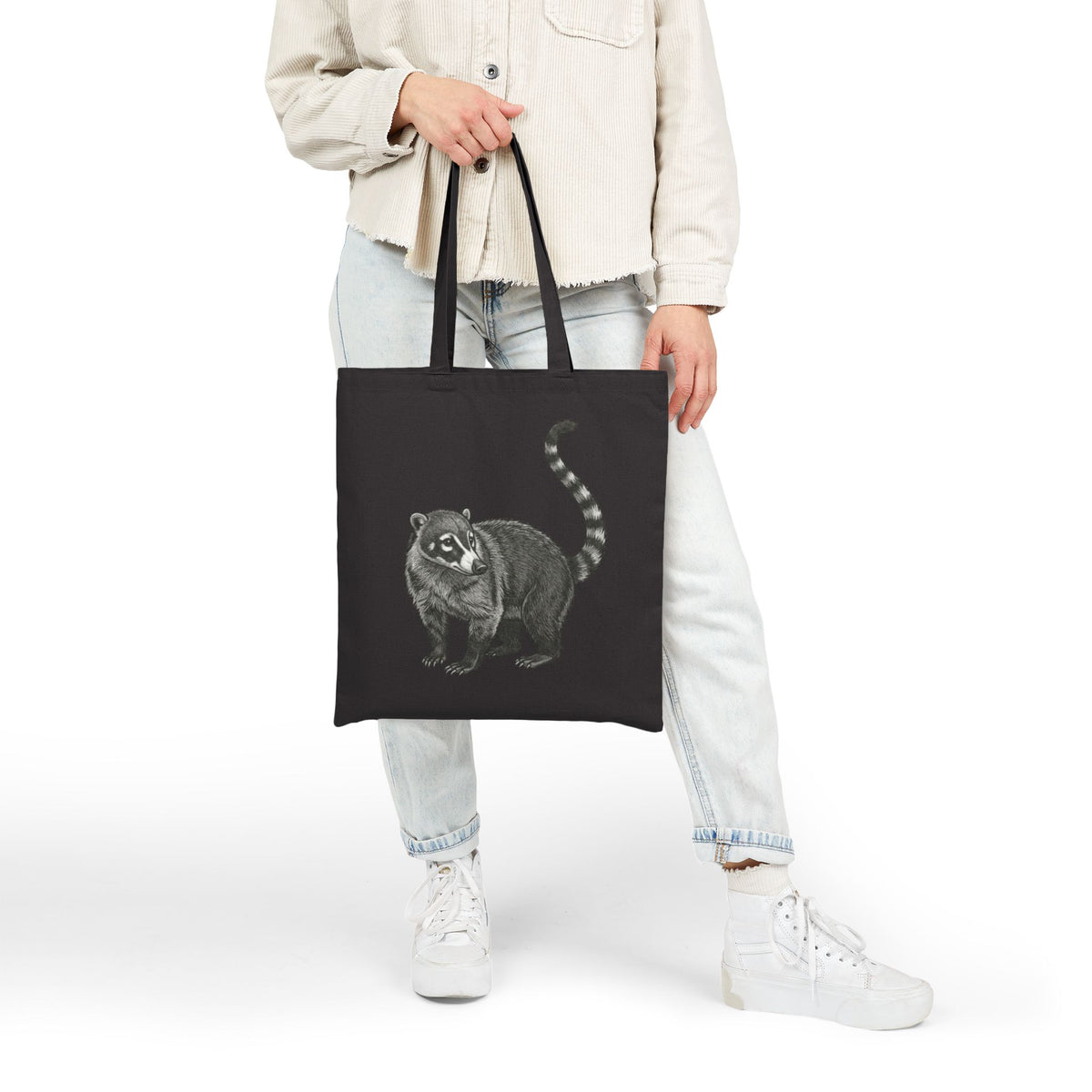 Coati tote bag with detailed wildlife illustration from Wyldelife Collection, featuring a natural animal design on durable fabric.