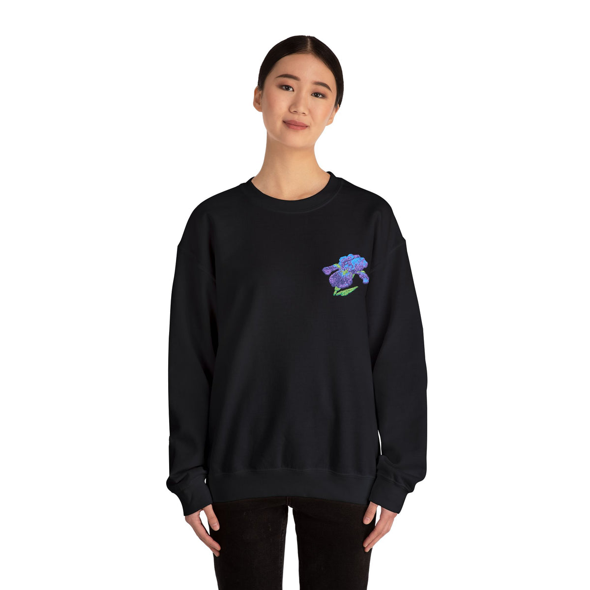 Unisex embroidered Iris sweatshirt with floral design on the left chest, featuring colorful flower embroidery on a comfortable sweatshirt.