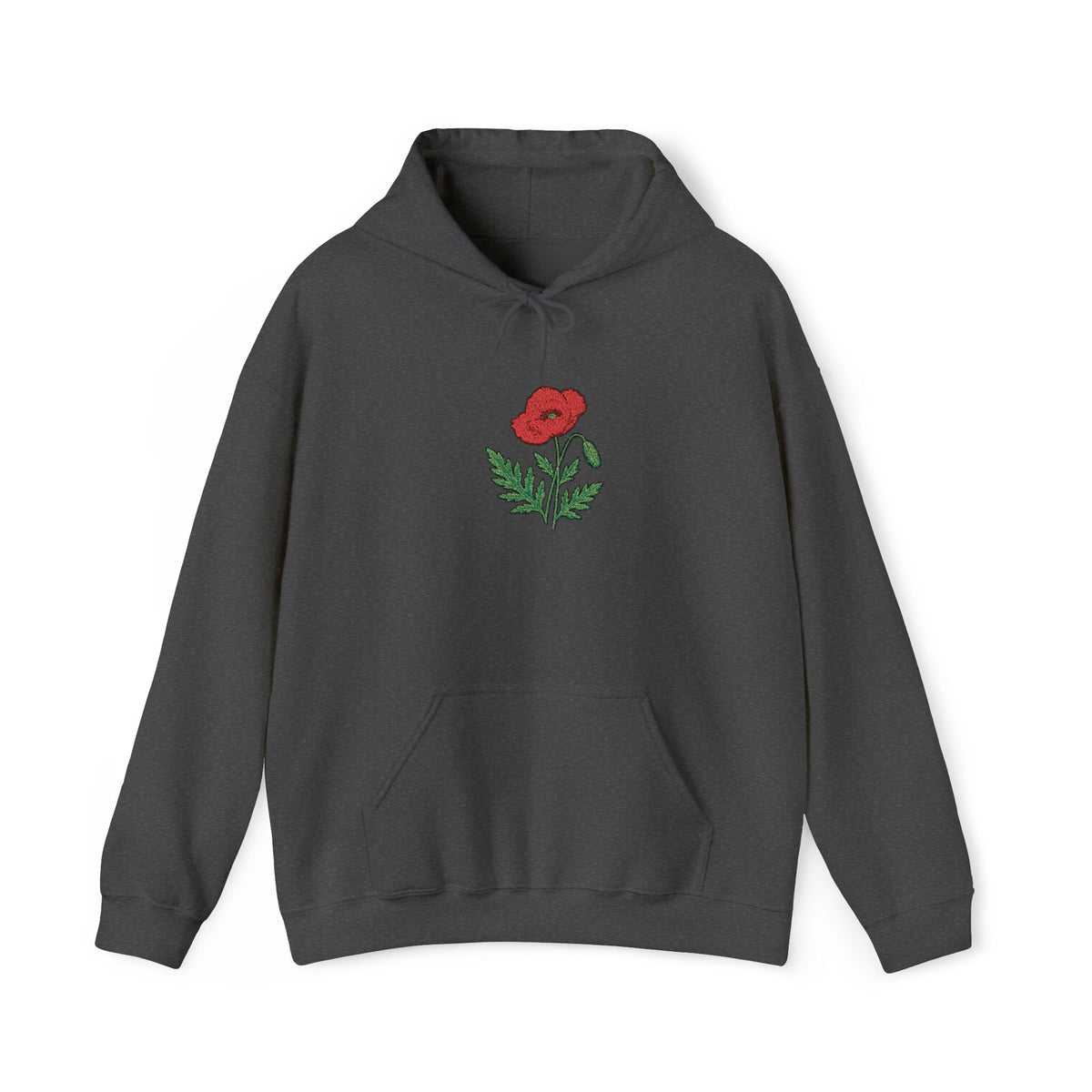 Red hoodie with embroidered red poppy floral design on the front, by Printify, featuring detailed floral embroidery.