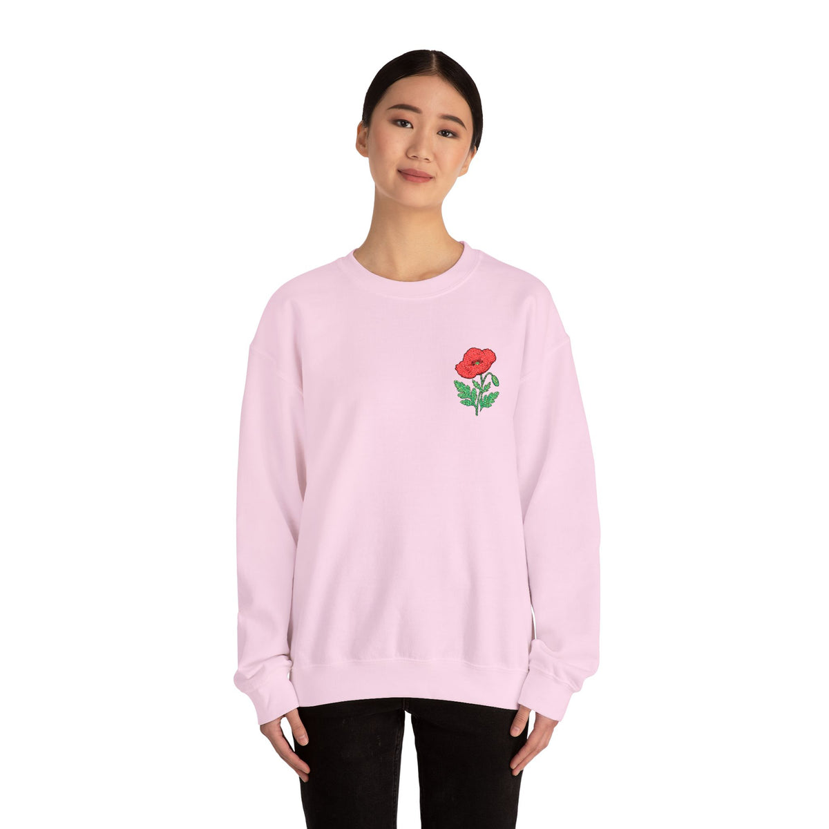 Unisex embroidered sweatshirt with floral poppy design on the left chest, made by Printify, featuring a cozy, casual fit.