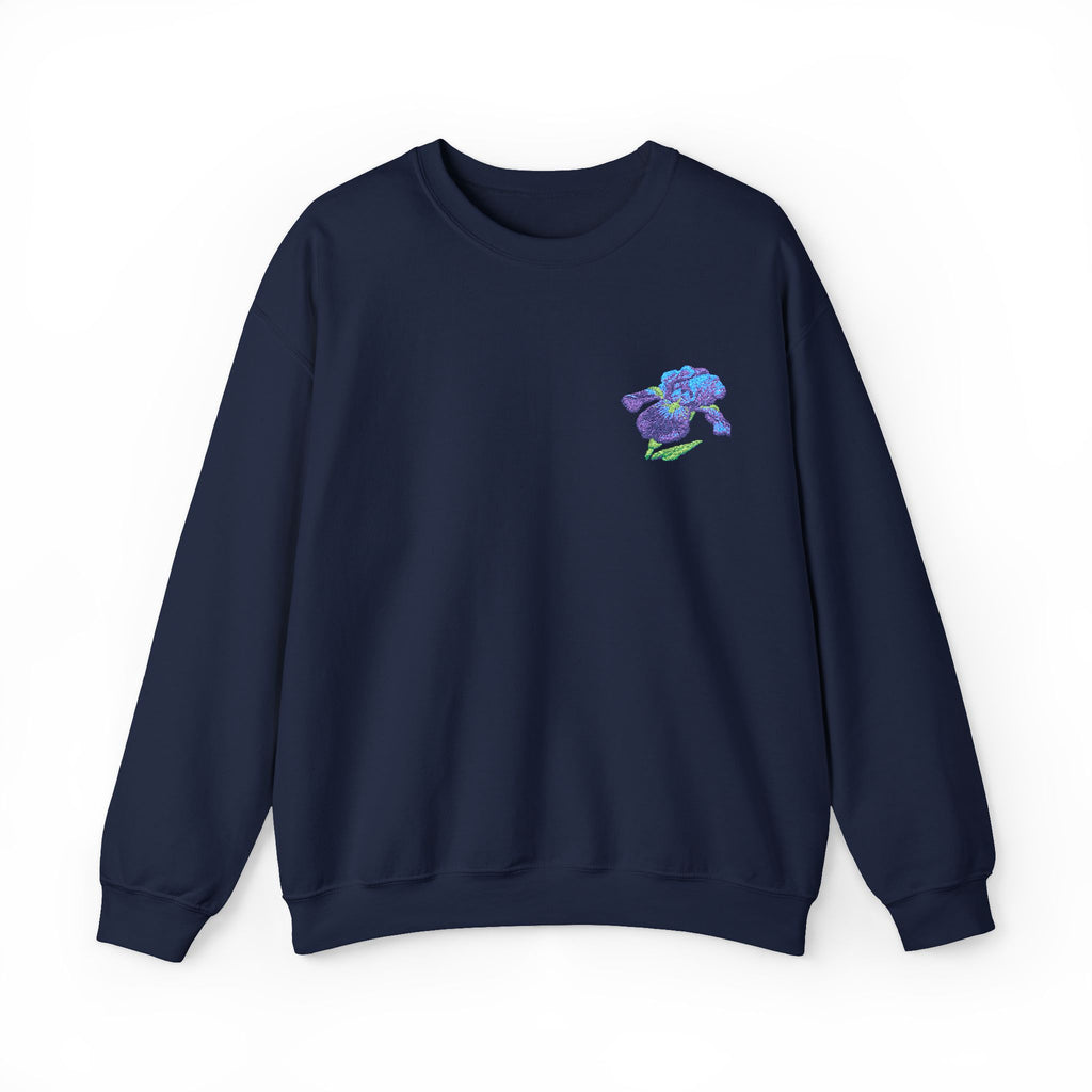 Unisex embroidered iris sweatshirt with floral design on the left chest, featuring a comfortable fit and detailed floral embroidery.