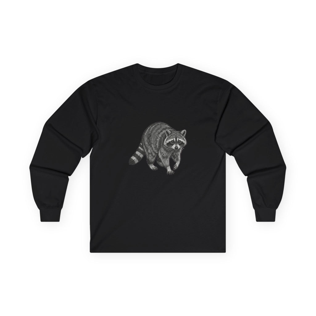 Printify Raccoon Long Sleeve T-Shirt featuring a wildlife graphic design from the WyldeLife Collection.
