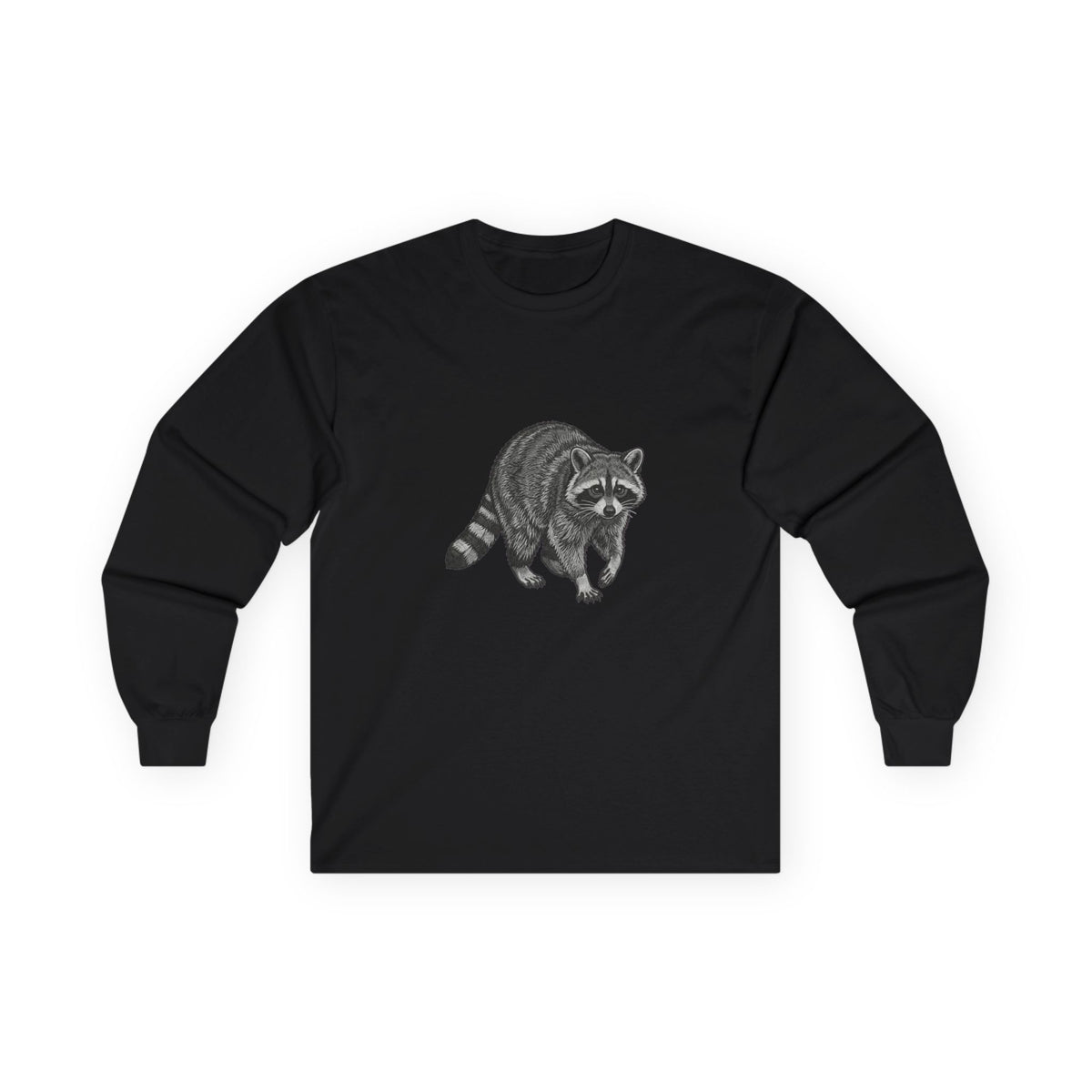 Printify Raccoon Long Sleeve T-Shirt featuring a wildlife graphic design from the WyldeLife Collection.