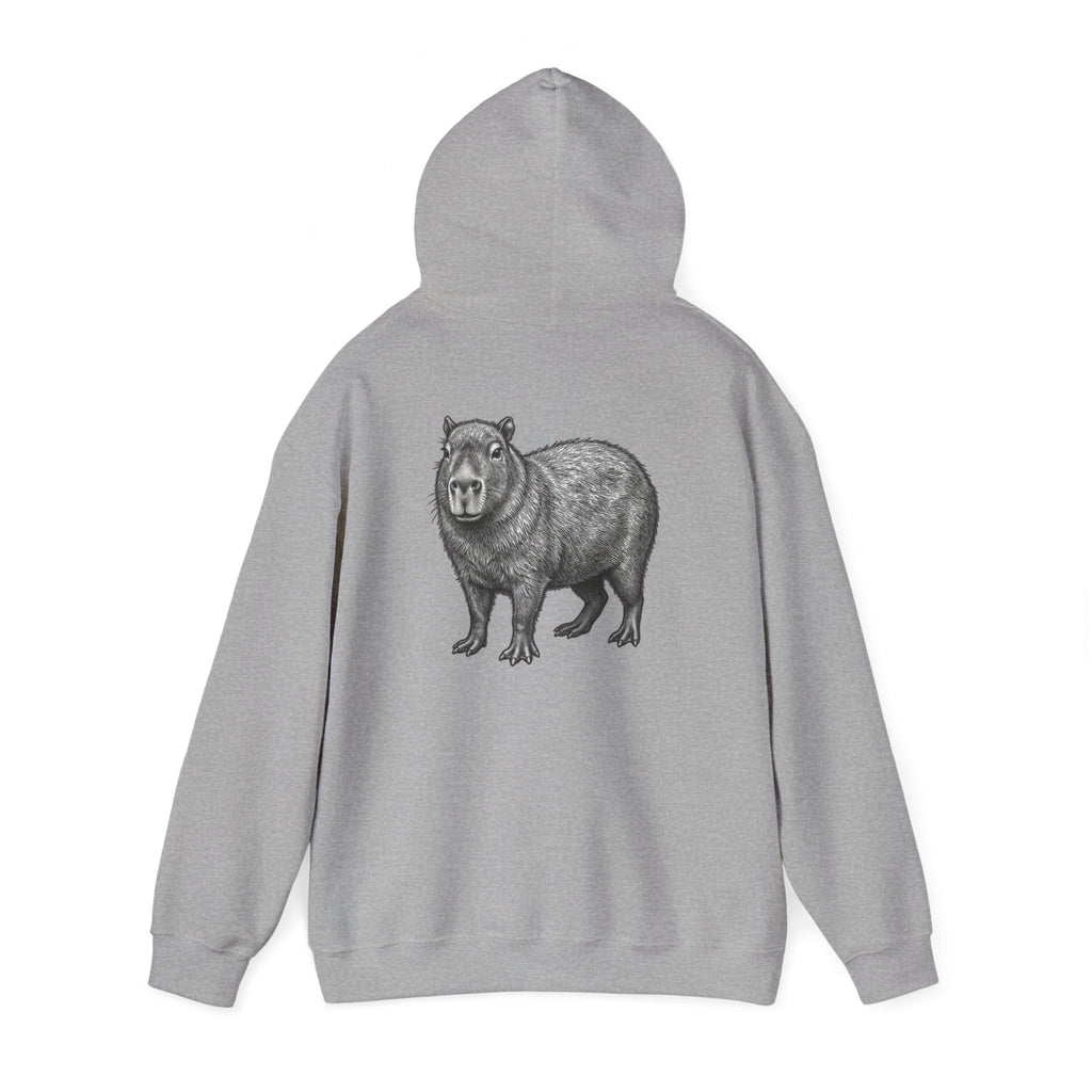 Gray hoodie featuring a large graphic of a capybara on the back from the Wyldelife Collection by Printify.