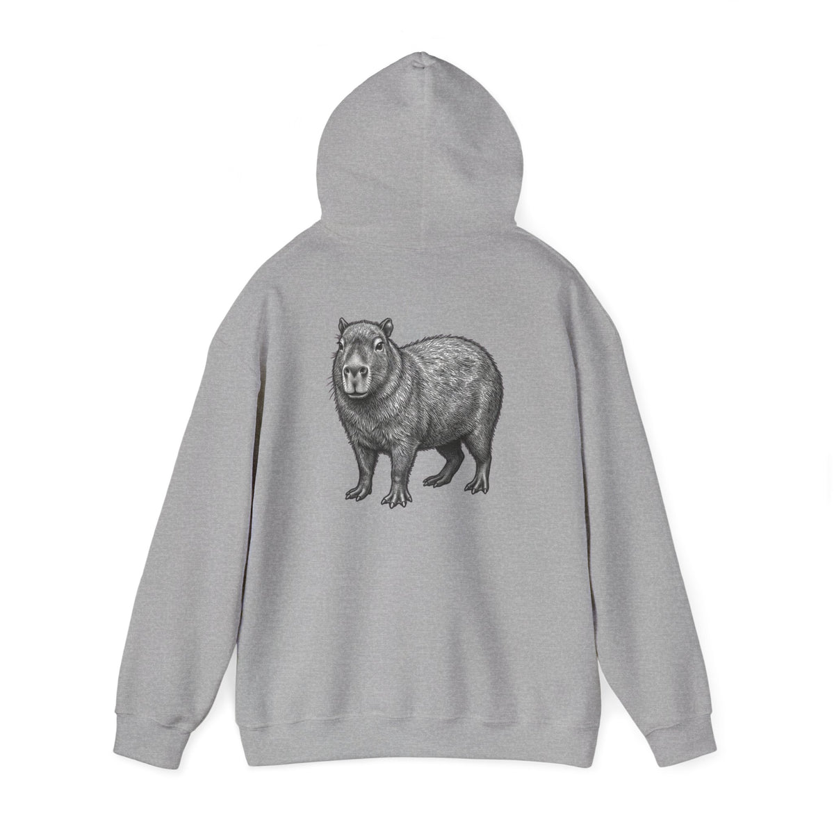Gray hoodie featuring a large graphic of a capybara on the back from the Wyldelife Collection by Printify.