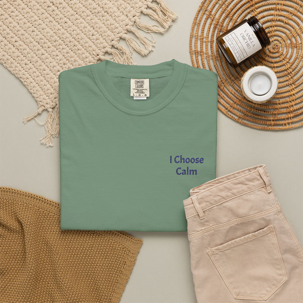 White I Choose Calm T-Shirt by Printify featuring minimalist relaxation design on soft cotton fabric.