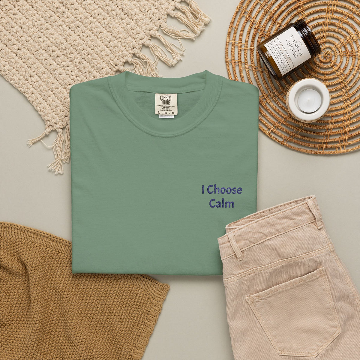 White I Choose Calm T-Shirt by Printify featuring minimalist relaxation design on soft cotton fabric.
