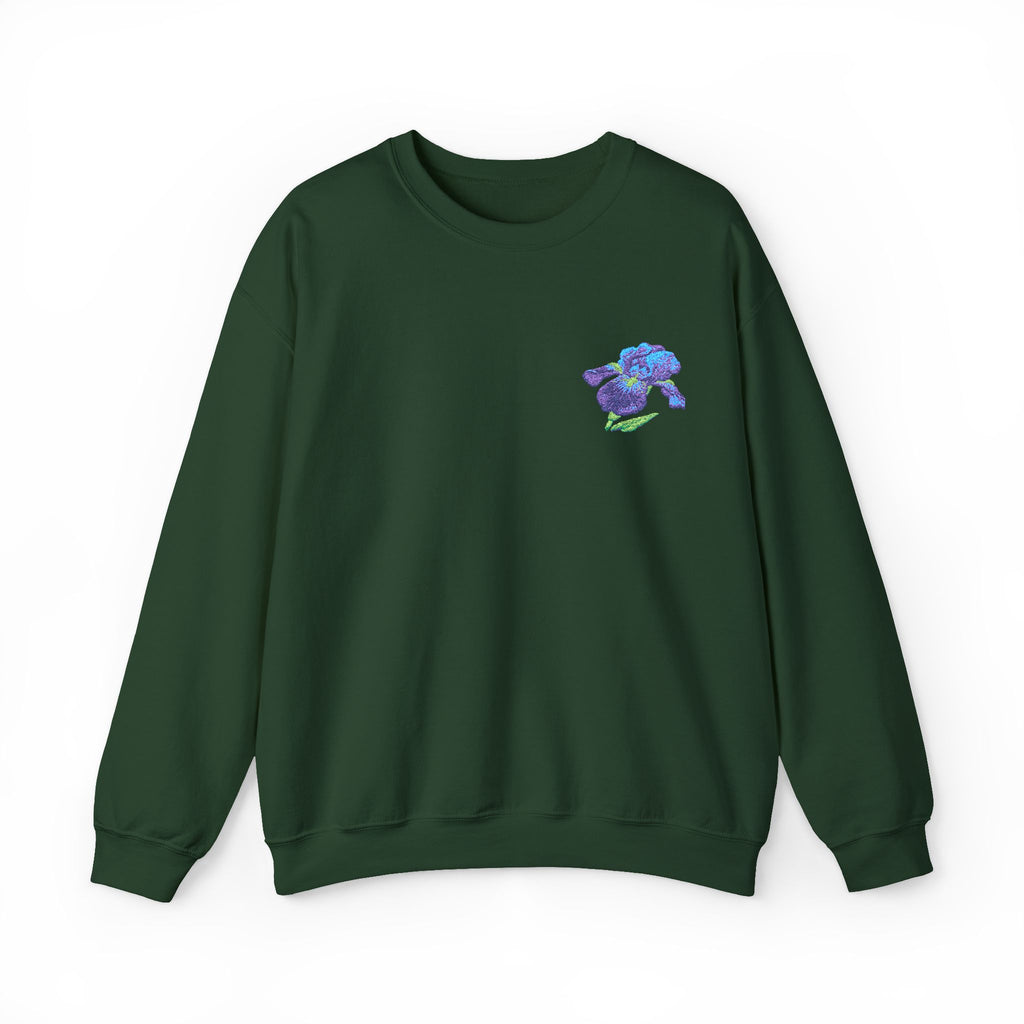 Unisex embroidered Iris floral sweatshirt with floral design on the left chest, featuring colorful embroidery on soft fabric.