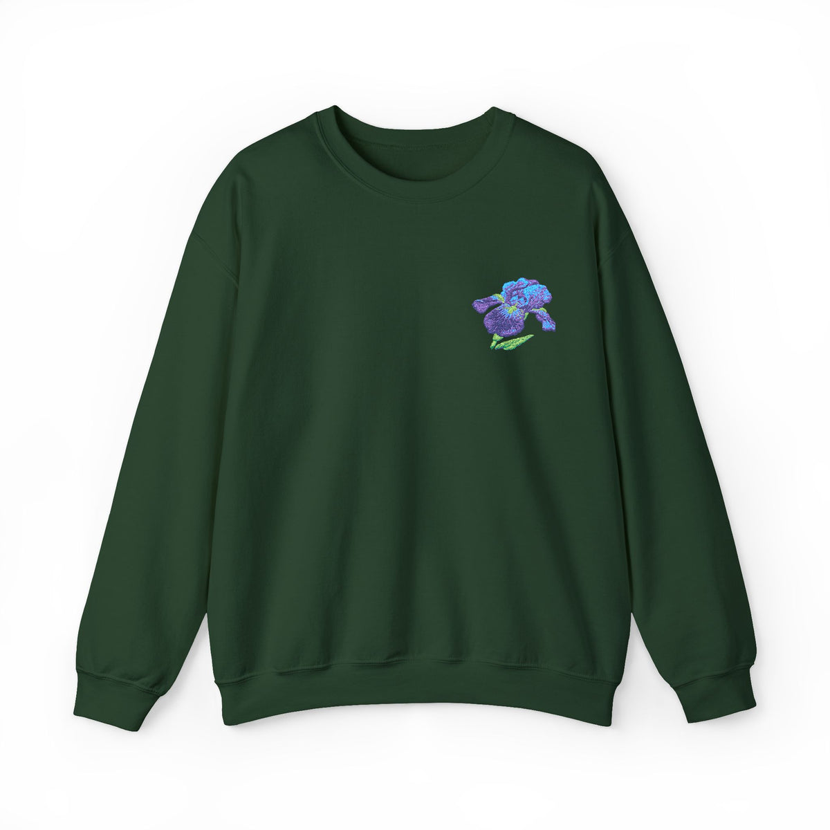 Unisex embroidered Iris floral sweatshirt with floral design on the left chest, featuring colorful embroidery on soft fabric.