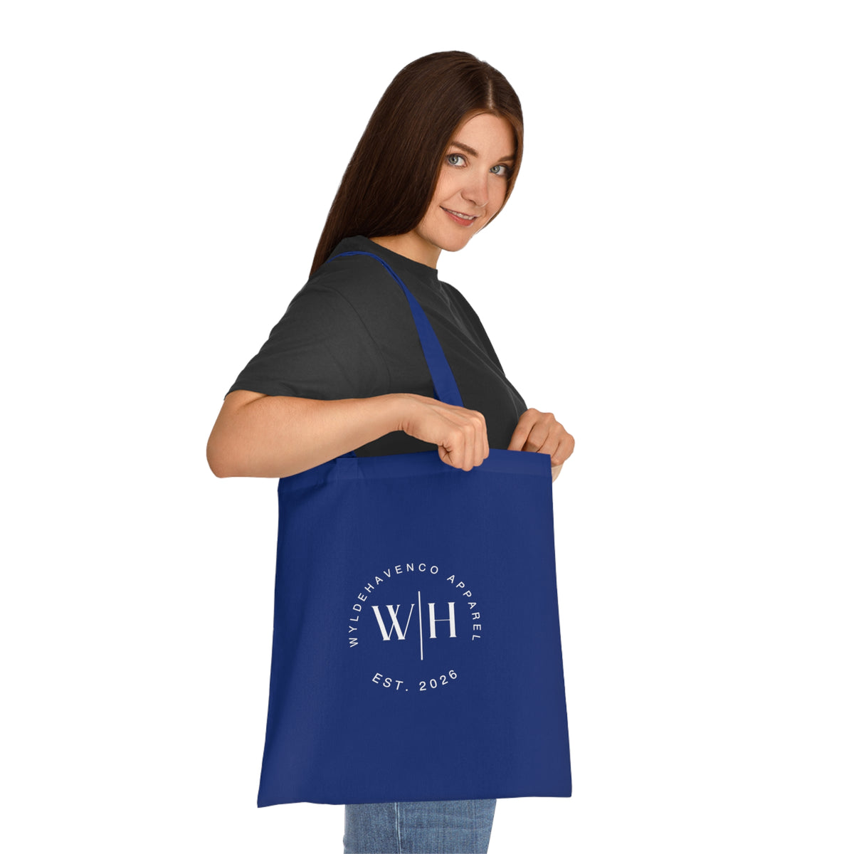 Printify Monogram Circle Cotton Tote bag with WH logo, featuring a stylish canvas design and sturdy handles for everyday use.