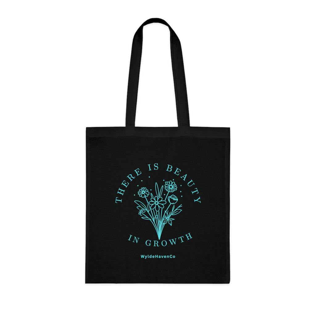 Printify floral cotton tote bag with "There Is Beauty In Growth" inspirational design, eco-friendly and perfect for everyday use