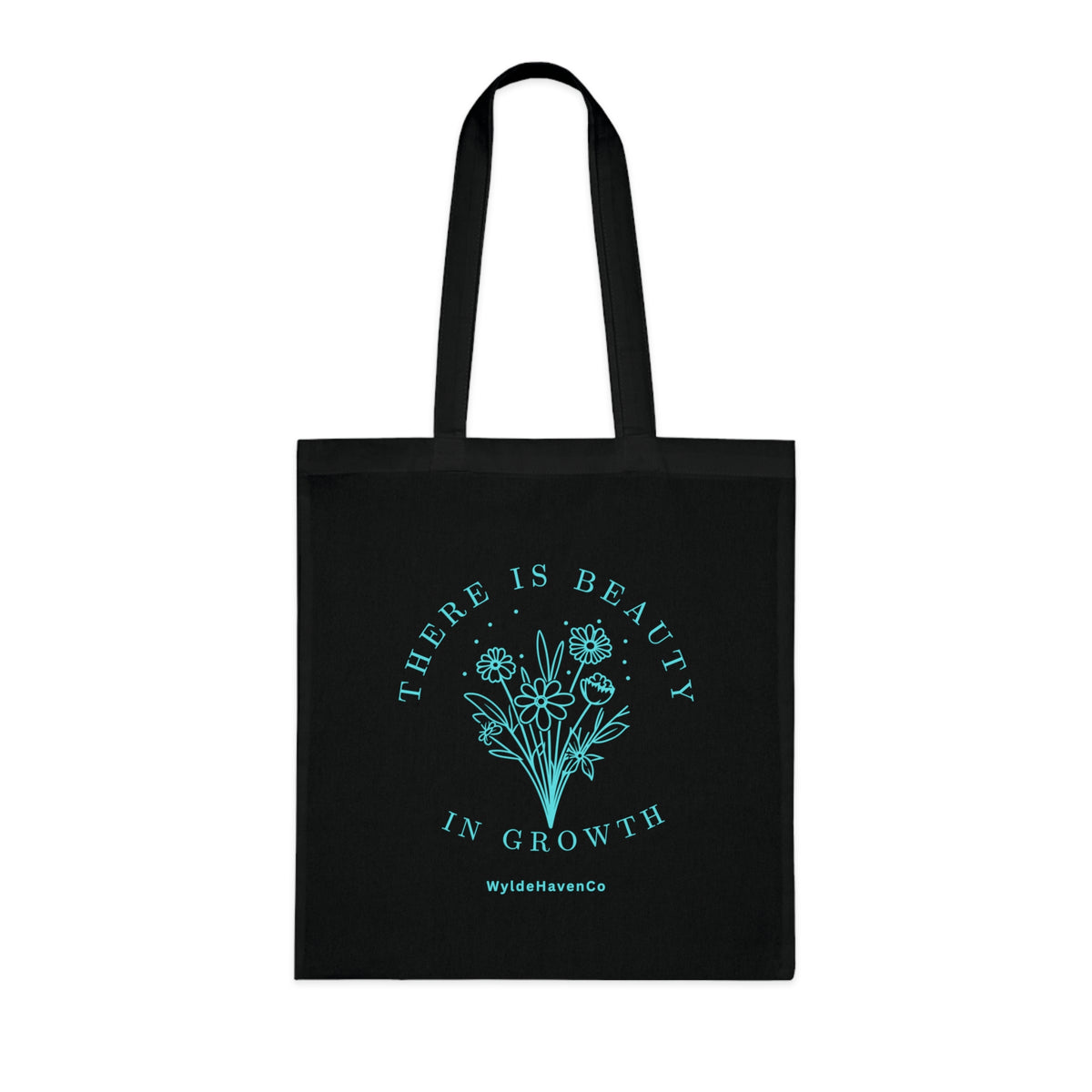 Printify floral cotton tote bag with "There Is Beauty In Growth" inspirational design, eco-friendly and perfect for everyday use